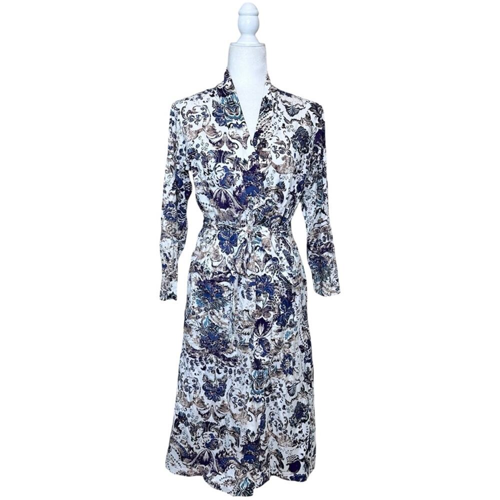 Peruvian Connection Pima Cotton Baroque Floral Robe Size XS Attached Tie Purple